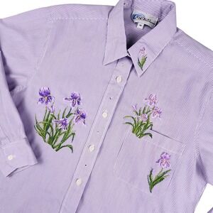 Las Olas Floral Embroidered Appliqué Button Up Shirt Purple Stripe Womens Medium